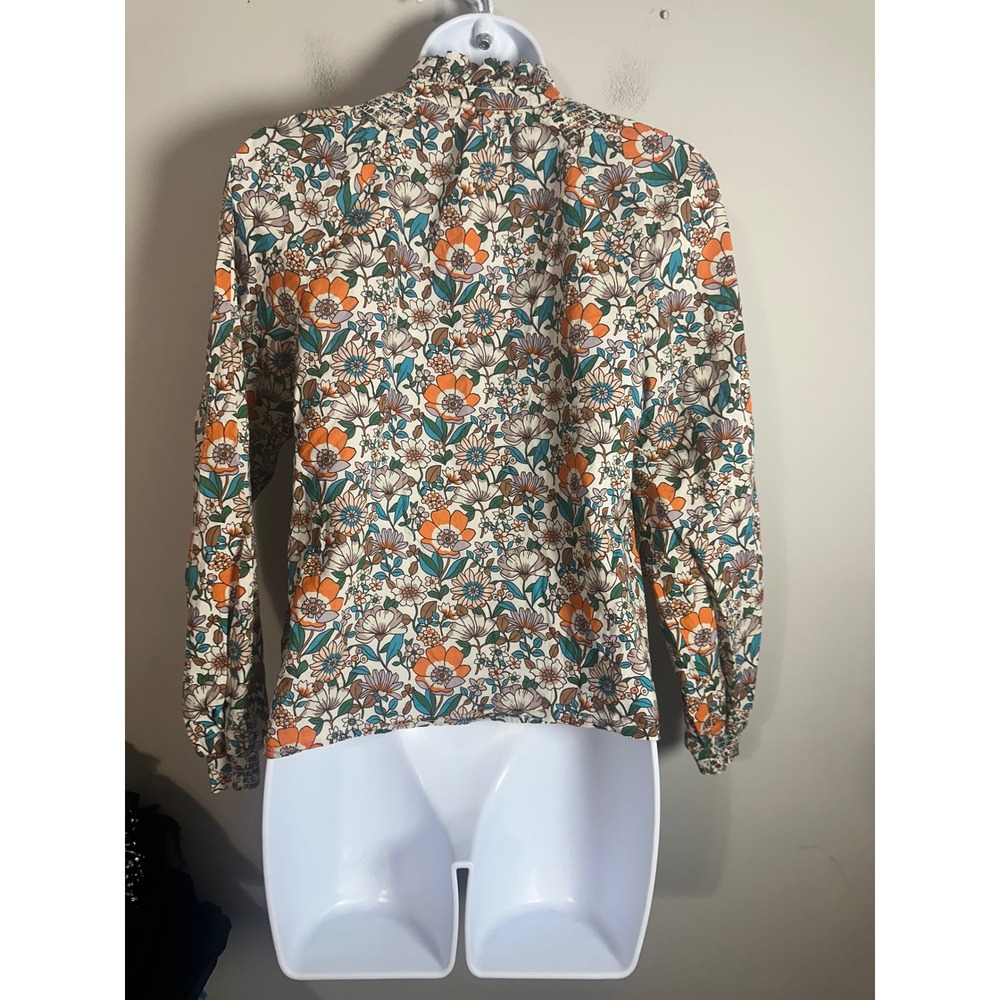Boden Erica Cotton Frill Top Floral Ruffle Neck Blouse Orange Teal US 0 UK 4 - Picture 5 of 6